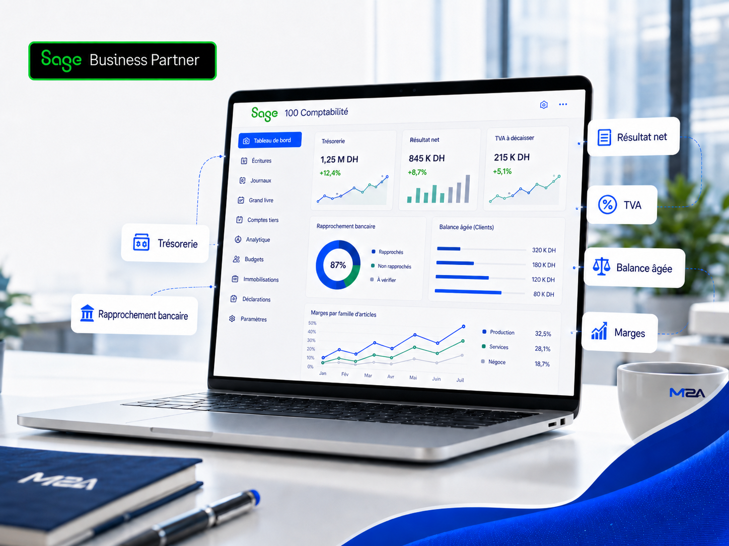 Dashboard Sage 100 Comptabilité pour gestion financière temps réel