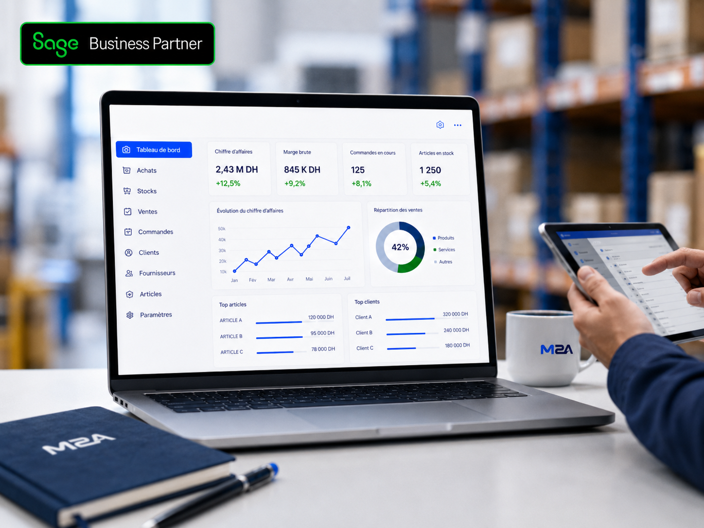 Dashboard Sage 100 Gestion Commerciale pour piloter achats stock ventes